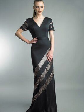 D1452L Diagonal Sequin Inlay Evening Gown - Black